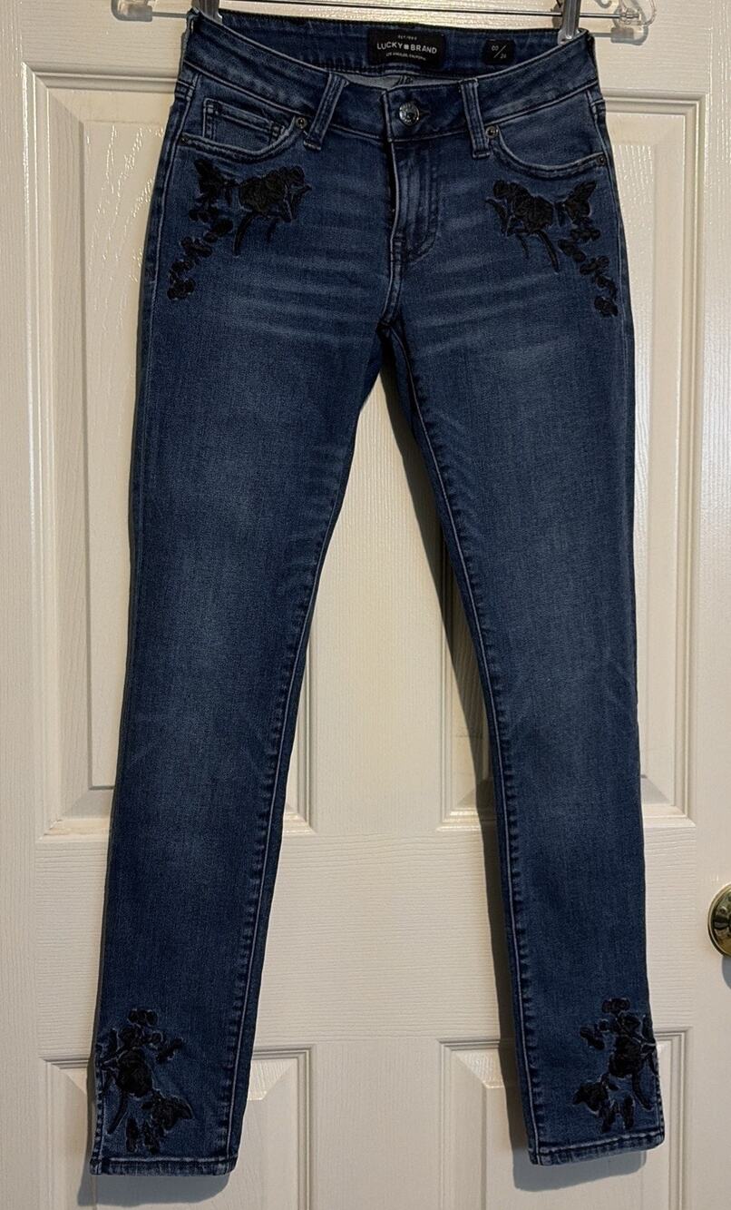 Lucky Brand Jeans Lolita Skinny Women's 00/24 Mid Rise Flower Detail 27in Inseam
